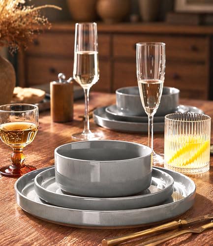 Image of AmorArc Ceramic Dinnerware Set for 4 | Speckled Stoneware Plates and Bowls with unglazed terracotta | Scratch Resistant, Dishwasher & Microwave Safe Dishes Sets- 12-Pcs Gray