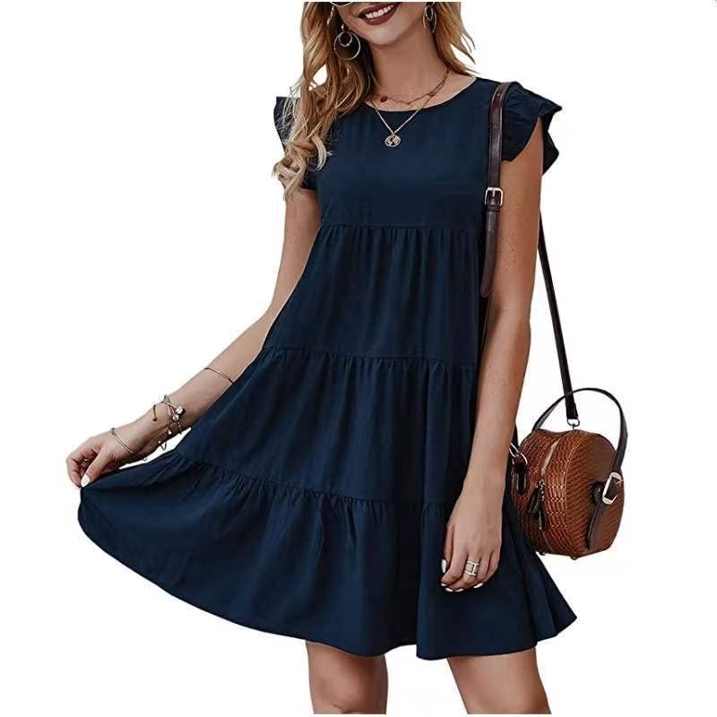 Eryue 2022 Euro and The United States Amazon Summer New Solid Color Round ne Short-Sleeved dr Casual Cake Skirt Pleated Skirt Navy Blue XL offers donot miss Eryue 2022 Euro and The United States Amazon Summer New Solid Color Round ne Short-Sleeved dr Casual Cake Skirt Pleated Skirt Navy Blue XL offers donot miss