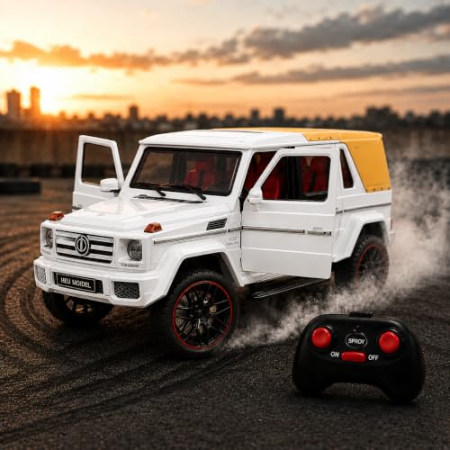 Image of Thywill Solutions Mercedes AMG G63 G-Wagon RC Car for Kids | 1:32 Scale 4WD Remote Control Off-Road Toy Car with Rechargeable Battery | Openable Doors & Light (White)