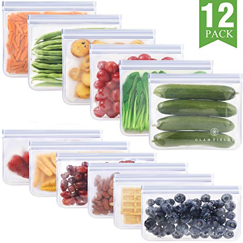 GLAMFIELDS Reusable Food Storage Bags - 12 Pack Leakproof Freezer Ziplock Bags