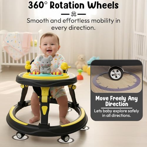 Image of StarAndDaisy Baby Walkers for 6-24 Month Baby boy 360 Walker for Kids for 6-24 Months with RGB Light, 7 Level Height Adjustment, Baby Walker with Switchable Food & Musical Toy Tray -Yellow Black
