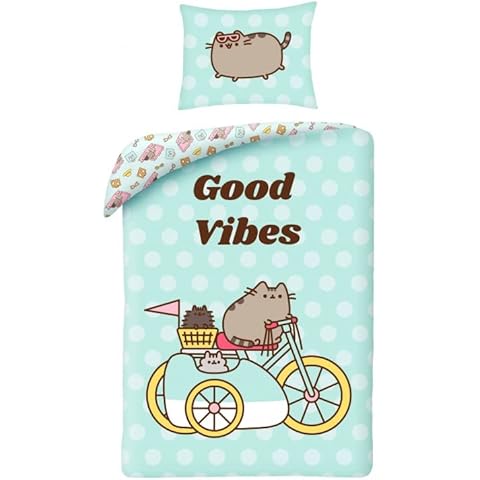 Pusheen Reversible Bedding Set, 100% Cotton, Duvet Cover 140 x 200 cm + Pillowcase, Good Vibes Cover