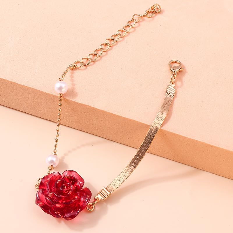 ONLYJUMP 3Pcs Red Velvet Rose Jewelry Set for Women Pearl Choker Necklace Rose Earrings Bracelet Alloy Sweet Romantic Gift for Wedding Birthday Valentine's Day - Image 6