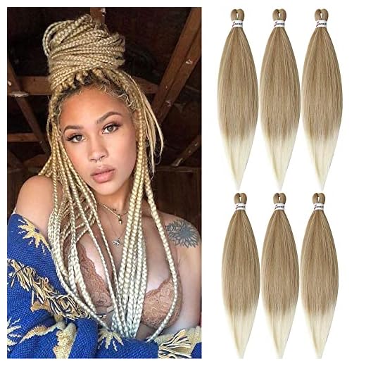 MSBELLE Braiding Hair Pre Stretched 6Packs/Lot Crochet Braids Hair 26 Inch Hot Water Setting 100g/Pack Ombre Braiding Hair Synthetic Fiber Braiding Hair Extensions(26Inch,Light Brown to 613)