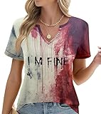 Im Fine Bloody Shirt Women Halloween V Neck Shirts Horror Movie Graphic Tees Funny Halloween Short Sleeve Tops Red