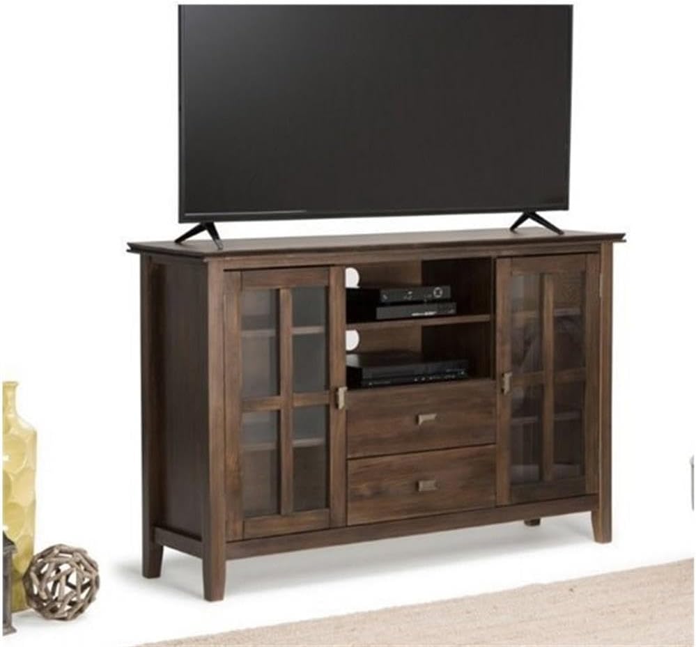 BOWERY HILL Transitional Wood TV Stand, 53" Wide, Natural Aged Brown Finish, Solid Wood, Tempered Glass Doors, Adjustable Shelves, Cord Management, Fits TVs up to 55", Living Room Media Storage Unit