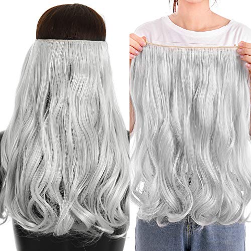 20inch Silver Grey Curly Wavy Hair Extensions Flip Hidden Invisible Wire Halo Hairpieces Secret Synthetic Hair Extension Pieces for Women No Clip in