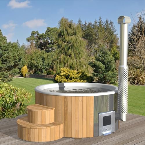 KeiCo Deluxe Wood-fired Hot Tub -6 People –Thermo-Wood | Eco Garden Spa with Insulated Cover & Optional Bubble, LED, Filter System Off-Grid Wellness Tub (KeiCo Deluxe 200)