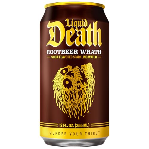 Image of Liquid Death Soda-Flavored Sparkling Water - Rootbeer Wrath, Less Sugar*, Huge Flavor, No Caffeine, No Artificial Sweeteners, 12 Fl Oz (Pack of 12)