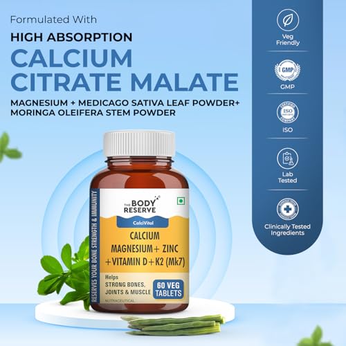 Image of The Body Reserve Calcium Tablets For Women & Men- 60 Tablets, Calcium Magnesium & Zinc Supplements For Man With Calcium Citrate, Vitamin K2, MK7 & Vitamin B12 To Support Joints And Bone Health