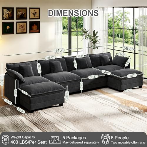Image of 146 inch Cloud Couch Sectional Modular Sofa, Deep Seat Couches with Ottoman and Removable Washable Pillows for Living Room, Bedroom, Apartment, Black