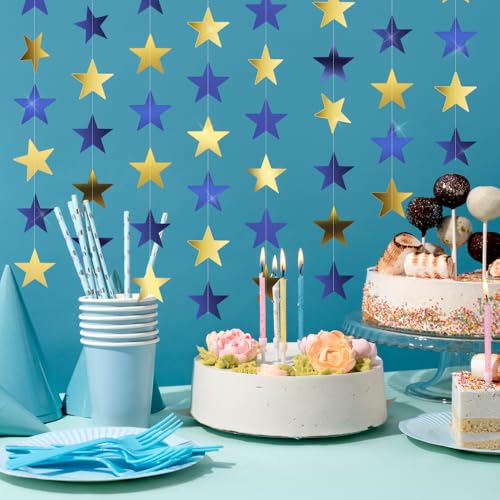 Image of Star Garland Banner, 5PCS 66FT Double-Side Blue Gold Star Hanging Bunting Banner Backdrop for Birthday, Wedding, Baby Shower, Christmas Party Decorations