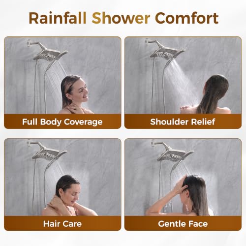 Image of BRIGHT SHOWERS Dual Shower Head System with Handheld and Rainfall Shower, Shower Faucet Set with Valve and Trim Kit, Includes 79-Inch Stainless Steel Hose, Brushed Nickel
