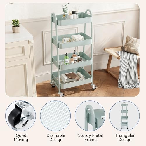 Image of OLIXIS Metal 4 Tiers Utility Rolling Cart, Mobile Storage Shelf with Lockable Caster Wheels, Organization for Livingroom, Bathroom, Kitchen, & Narrow Places, 4-Tier Green