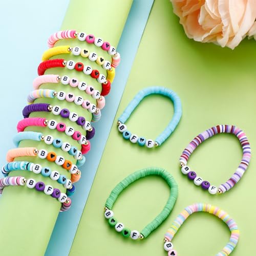 Sureio 24 Pcs Colorful Bff Friendship Bracelets Letter Heart Bestie Surfer Stretch Beaded Friendship Kids Bracelets for Girls Women Gifts Tween Girl Party Favors2