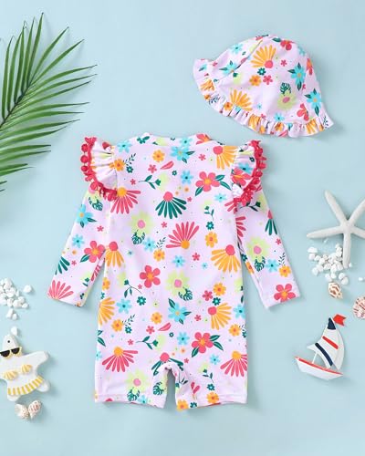 Image of Toddler Girl Swimsuit Baby Girl Bathing Suit Long Sleeve Floral Zipper One-Piece Rash Guard Swimsuit with Hat