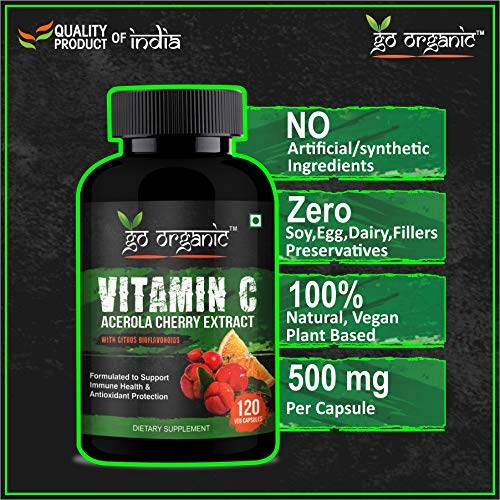Image of Go Organic Vitamin C with Organic Acerola Cherry and Natural Citrus Bioflavonoids - Whole Food Vegan Supplement - 500 mg - Time Release - Non-GMO - 120 Capsules (Pack of 2)