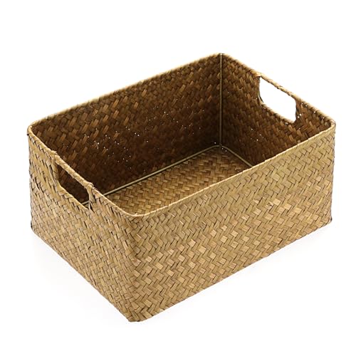 IGNPION Cesta abierta de almacenamiento de junco marino, organizador decorativo de toallas de mimbre tejido para sala de estar, caja de almacenamiento rectangular para baño, cesta multiusos, color