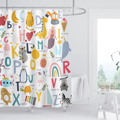 Image of Alphabet Shower Curtain Kids ABC Educational Learning Tool Baby Cartoon Animals Girls Boys Colorful Bathroom Decor Waterproof Fabric 72Lx60W Inch with Hooks