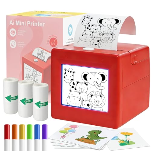 Image of AI Voice Activated Sticker Printer, Smart Portable Thermal Sticker Maker Toy with Voice-to-Image Generation, 3 Paper Rolls and 5 Coloring Markers