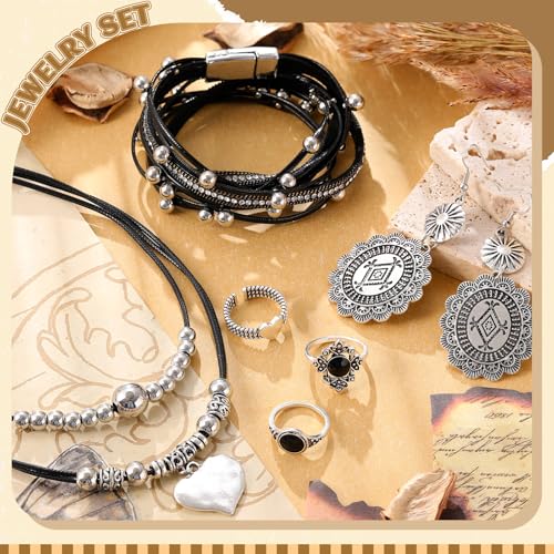 Image of Ecally Bohemian Western Jewelry Turquoise Set Women Country Pendant Long Choker Layered Bracelets Earrings Ring for Women