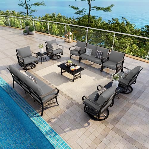 Image of 11 Pieces Patio Conversation Sets, All-Weather Metal Swivel Rocking Chairs with Rope Furniture Set, Outdoor Sofa Couch for Deck, Porch, Garden, Backyard, Poolside (Gray Cushions)