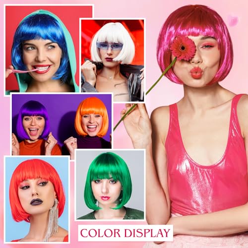 Image of MEEZY 2 Pcs Colored Bob Wigs with Bangs Black Hot Pink for Women Colorful Neon Fun Wig Short Bob Hair with Heart Sunglasses Hair Cap for Halloween Costume Cosplay Birthday Bachelorette Party Supplies
