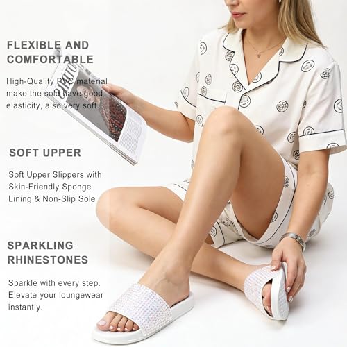 Image of Fur Story Womens Slides House Slippers Rhinestone Glitter Slides Cute bling Flat for Women Platform Sandals Cozy Bedroom Slippers Shower Shoes