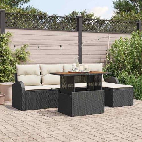 SooIarix Juego de sofás de jardín de 6 piezas de ratán sintético negro con espacio de almacenamiento, muebles modulares para exteriores, muebles de jardín resistentes a la intemperie, juego de muebles