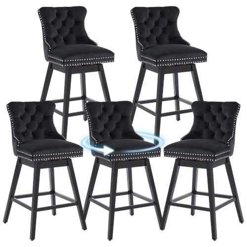 Image of Black Swivel Bar Stools, Velvet Counter Height Bar Stools Set of 5 | 360 Swivel Bar Chairs, Solid Wood Legs, Upholstered Kitchen Island Stools, Modern Extra Wide Seat (Black, 26 inch H, 5 Pack)
