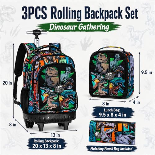 Image of CCJPX 3PCS Rolling Backpack for Boys, 21 Inch Water Resistant Dinosaur Backpacks with Roller Wheels, Wheeled Bookbag for Teens Elementary School Travel-Brown
