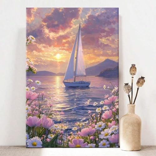 Toile impressionnisme de voilier au coucher du soleil 30x45cm pour une decoration murale sans cadre