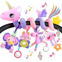 Zendstanding Musical Car Seat Toy for Babies 0-12 Months Girl, 5-in-1 Sensory Activity Hanging Toy Stroller Toy with Soothing Music, Rattle, Mirror for Newborn Infants Essential Gifts, Unicorn