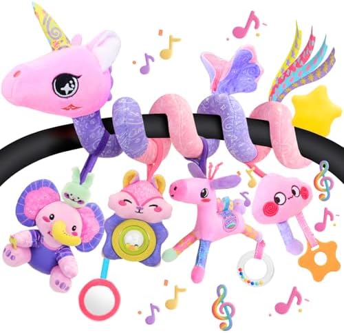 Car Seat Toys for Girls - 0-12 Months Baby Toys Spiral Stroller Music Carseat Toys with Rattle, Mirror, 5-in-1 Separable Activity Hanging Toy Newborn Sensory Toy Essentials Gifts, Unicorn