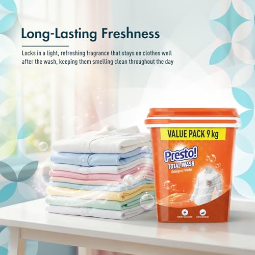 Image of Amazon Brand - Presto! Total Wash Matic Detergent Powder | 9 Kg Tub (1 Kg x Pack of 9) | Removes Tough Stains | Gentle On Fabrics | Refreshing Fragrance | Liquid Detergent For Washing Machine & Hand Wash
