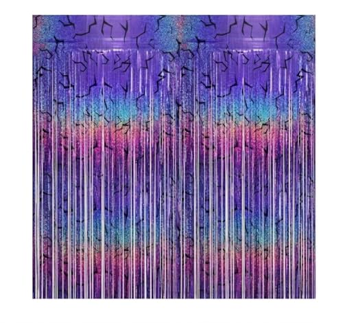 2-Pack Purple K-Style Demon Energy Pattern Backdrop Music Party Favors Shimmery Laser Foil Curtains 6.6FT Holographic Lightning Tinsel Party Decorations for Fans Girls Birthday Party Decor