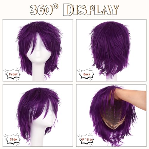 Image of S-noilite Unisex Short Purple Wig Women Men's Anime Cosplay Wigs Straight Synthetic Hair Short Layered Fluffy Pixie Full Wig for Halloween Comic-cons Costume Party (Purple)