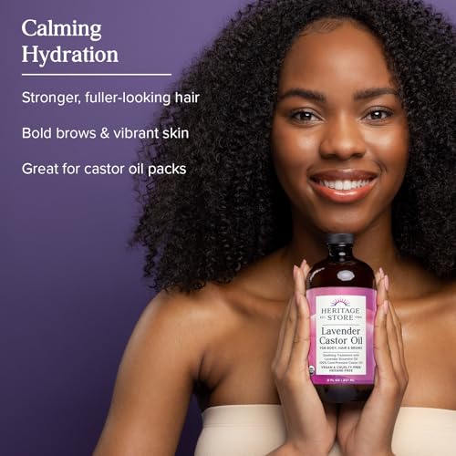 Image of HERITAGE STORE Lavender Castor Oil Organic - Soothing Hair Treatment w / Lavender Essential Oil - Hair Care, Skin Care, Castor Pack Wrap - Calming Scent, Vegan, Hexane Free, 60-Day Guarantee, 8oz