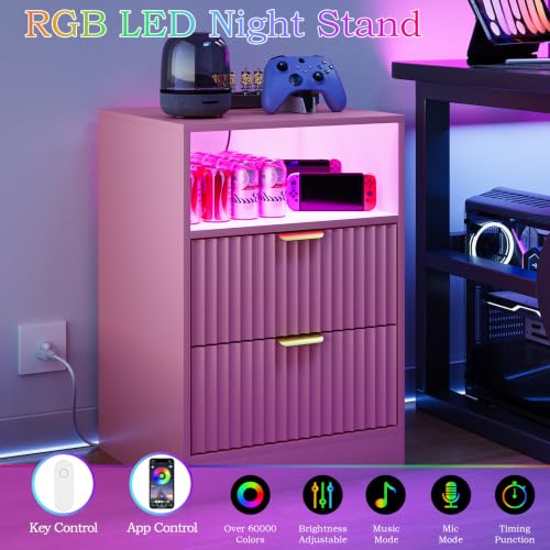 Image of Night Stand Set 2, LED Nightstand with Charging Station, Fluted Nightstands Set of 2 with 2 Drawers, Wood Side Table End & Bedside Tables for Bedroom Sofa Office, Pink