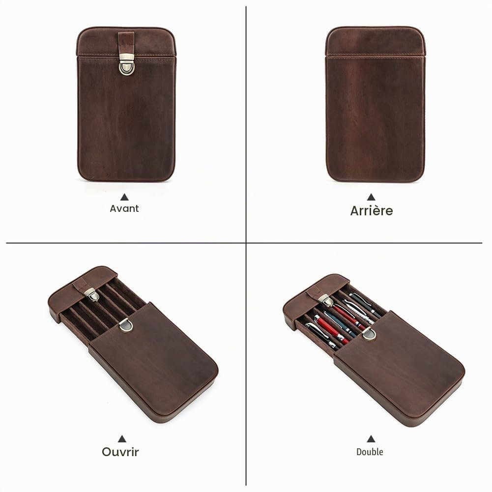 Contacts Étui à crayons en cuir véritable, étui de protection vintage pour voyage, accessoire de bureau élégant, boîte de rangement pour crayons, Café 3-4, Capacité de 6 stylos, Trousse de beauté