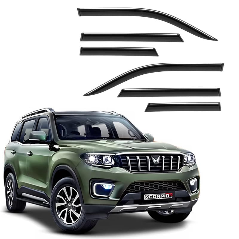 Image of CAR SAAZ Side Door Visors for Scorpio N (2023-Present)(Set of 6Pcs) | Chrome Lined Rain Guards, Polycarbonate, Smoke Finish