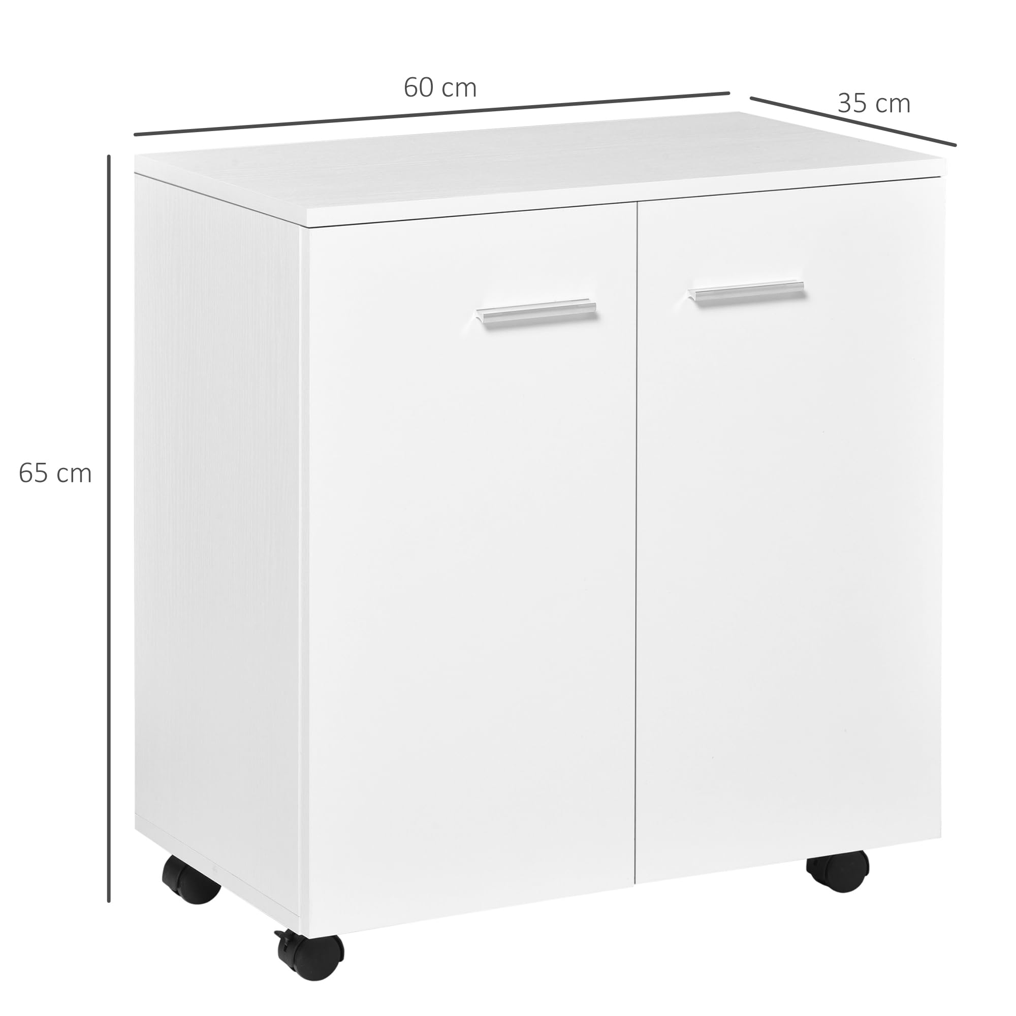 HOMCOM Meuble de Rangement Buffet Bas sur roulettes avec 2 Portes étagère Interne pour Salon, Chambre, Bureau 60 x 35 x 65 cm Blanc