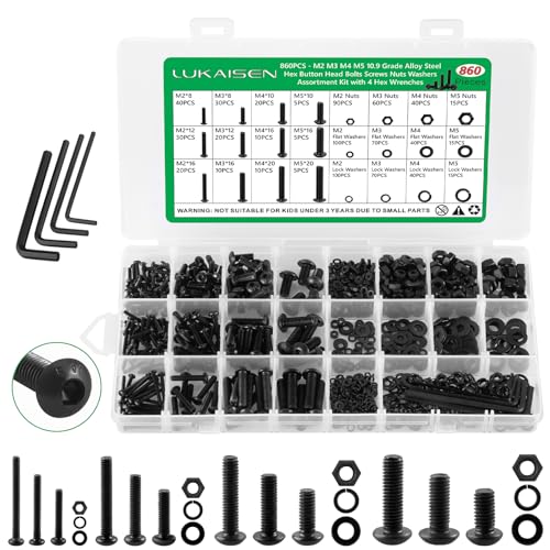 Lukaisen LK-860 860Pcs Metric Screw Assortment Kit, M2 M3 M4 M5 Machine Screws With Lock & Flat Washers, 10.9 Grade Alloy Steel, Metric Hex Button Head Cap Screws Nuts And Bolts Assortment Kit cover