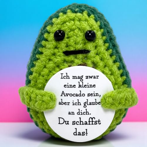 MIJOMA Glücksbringer Positive Friends – handgefertigte Häkelfiguren mit motivierenden Botschaften, ideal als Mitbringsel Wegbegleiter Mutmacher (Avocado - Du schaffst das)