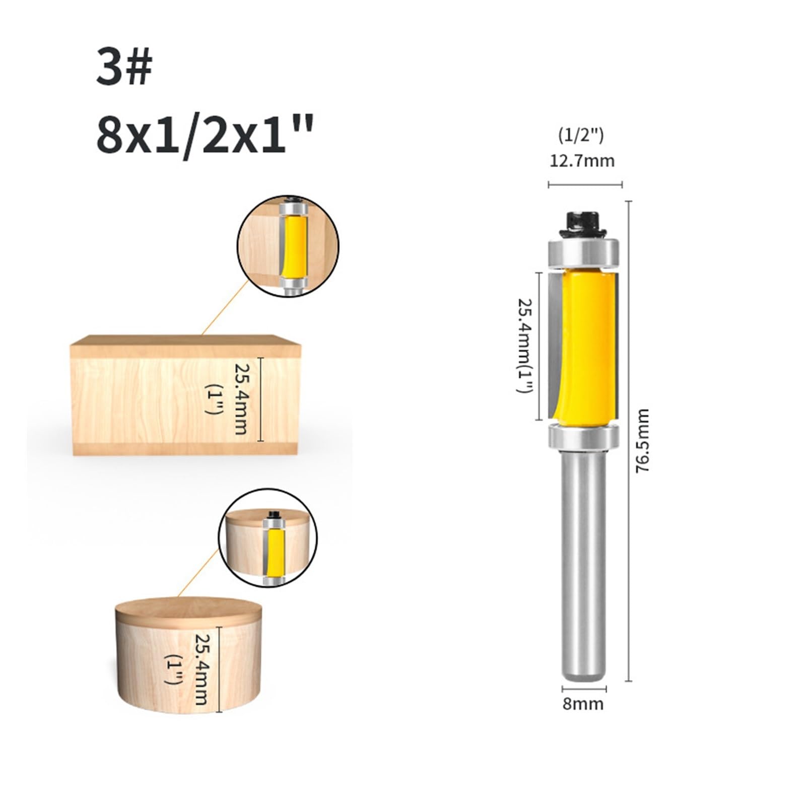 1 fraise à affleurer avec fraise à double roulement 6,35 mm 8 mm 12 mm 12,7 mm fraises à bois for outils de fraisage en bout de mèche à bois(8x12.7x25.4)