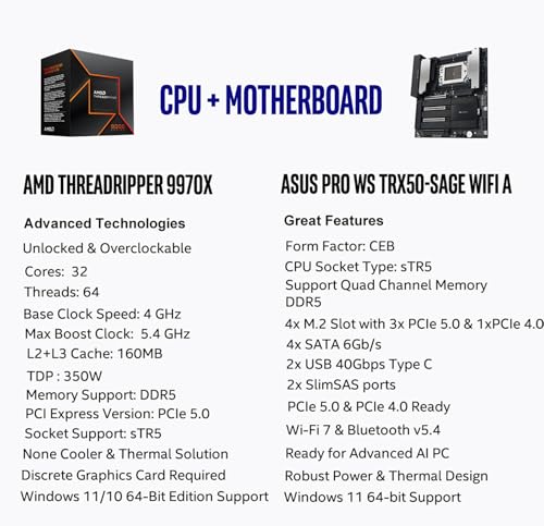 Image of MICRO CENTER AMD Ryzen Threadripper 9970X CPU Processor with ASUS Pro WS TRX50-SAGE WiFi A sTR5 CEB Workstation Motherboard (Robust 20 Power-Stage Design, USB4, Multi-GPU Support)