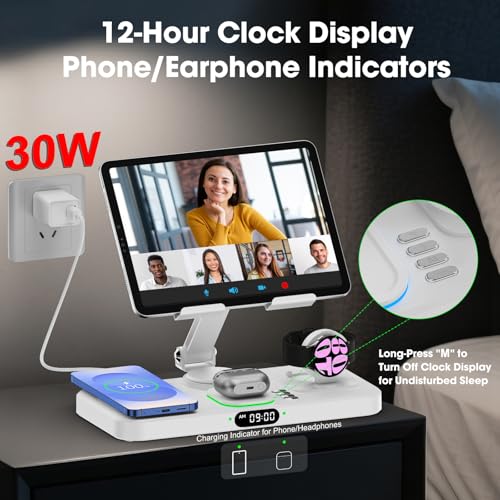Image of 30W Tablet Wireless Charger for Samsung, Foldable Android Charging Station with Clock Display with 7-Color Light, Wireless Watch Charger for S25, Only Compatible Samsung Watch, Galaxy Buds3 Pro(White)