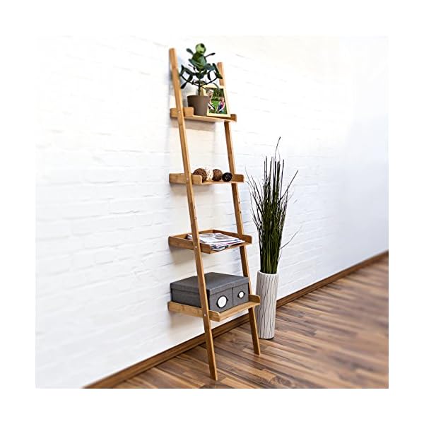 Relaxdays Leiterregal Bambus HxBxT 176 x 44 x 37 cm 4-stufiges Standregal mit Ablagen als dekoratives Regal für das Arbeitszimmer und Wohnzimmer als Wandlehnregal und Holzregal mit 4 Fächern, natur – Bild 3