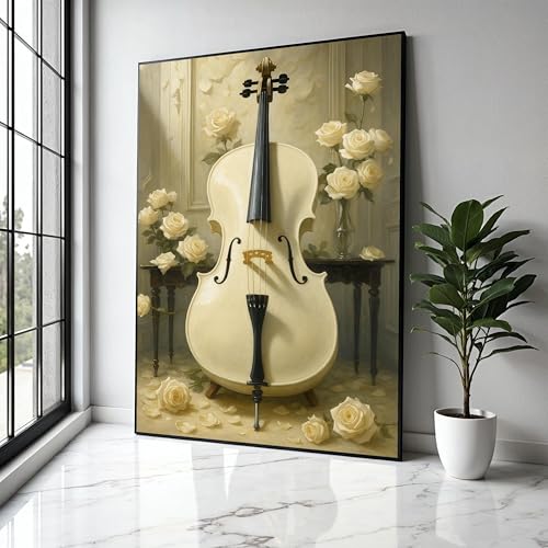 Tableau violoncelle blanc et fleurs crème toile vintage 70x100cm