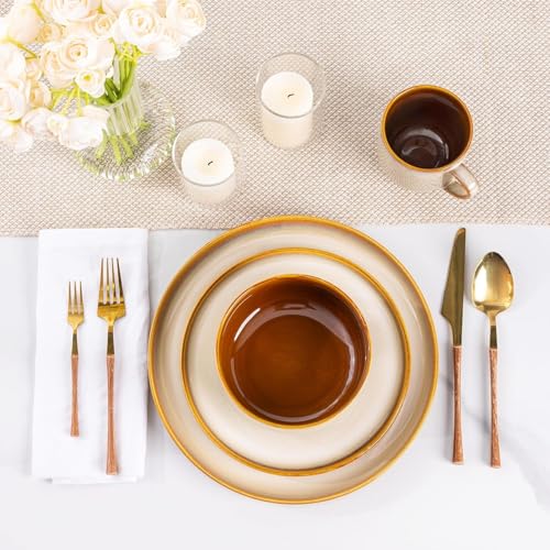 Image of LERATIO Ceramic Dinnerware Sets for 12, 36 Pieces Plates and Bowls Sets, Reactive Glaze Dishes -Scratch Resistant, Dishwasher&Microwave Safe&Oven Safe-Kahki